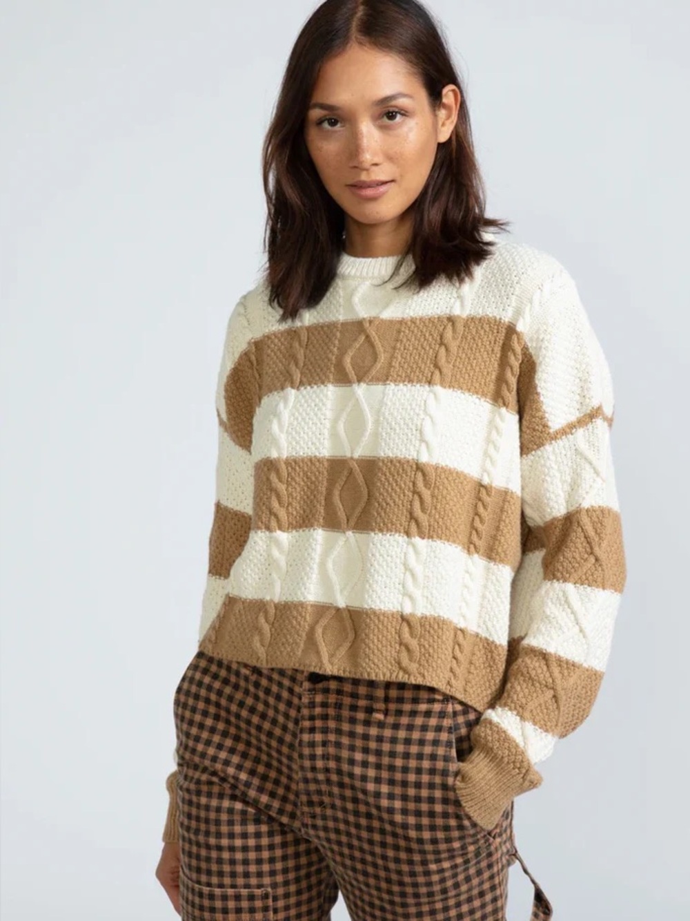 ASKKNY Striped Cable Knit Sweater - Cream & Tan
